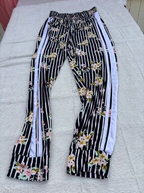 Jordan Black White Striped Track Pants with Pink Floral Accents
